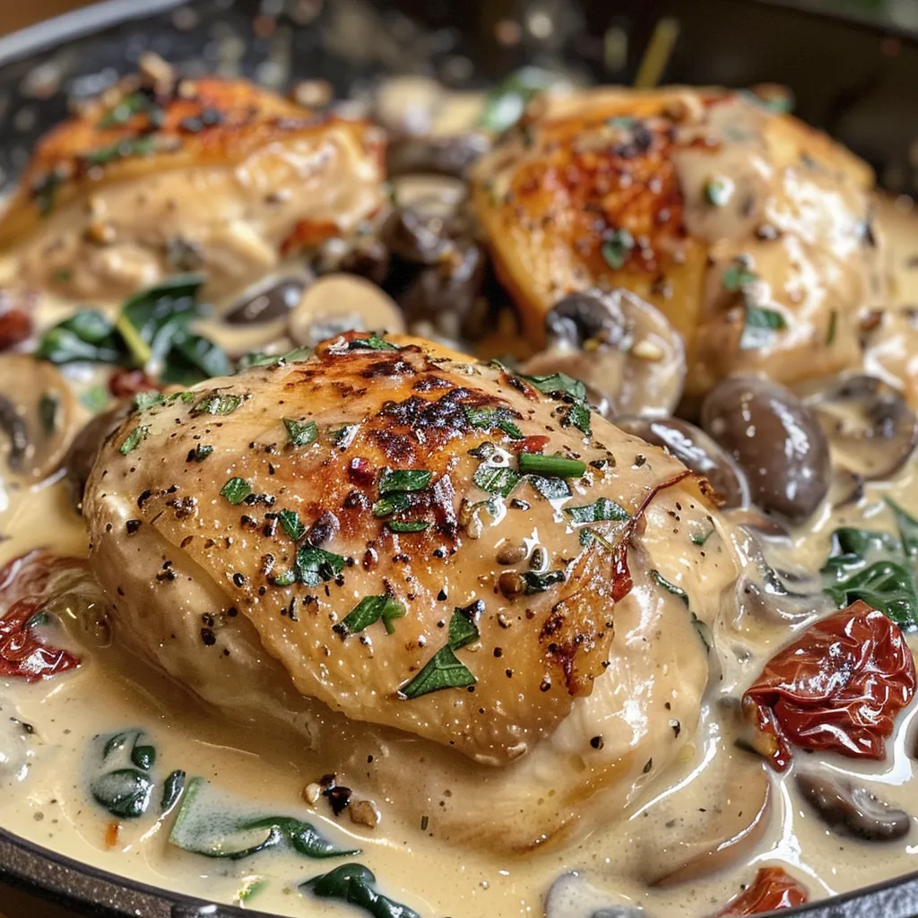 Close-up view of tender chicken breast topped with mushrooms and olives in creamy sauce.