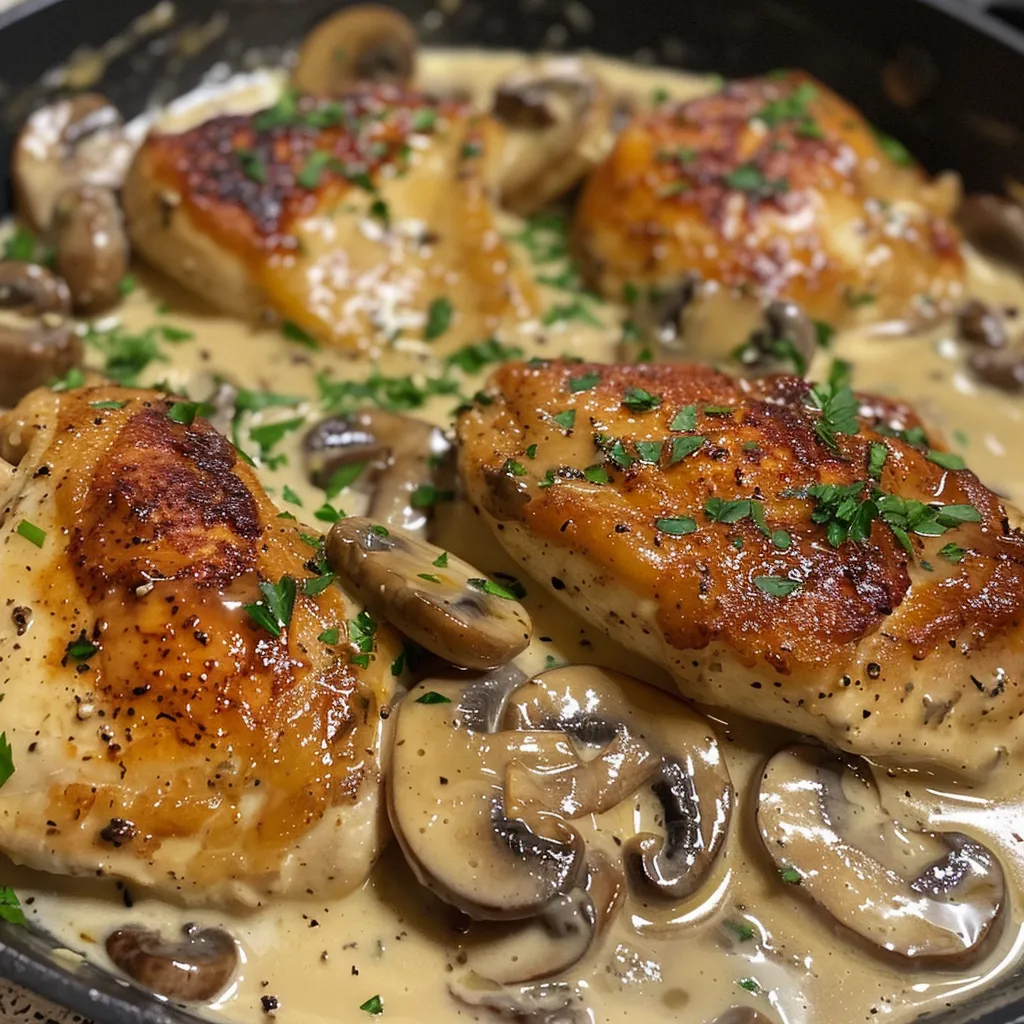 Close-up of creamy mushroom chicken with sliced mushrooms on a plate.