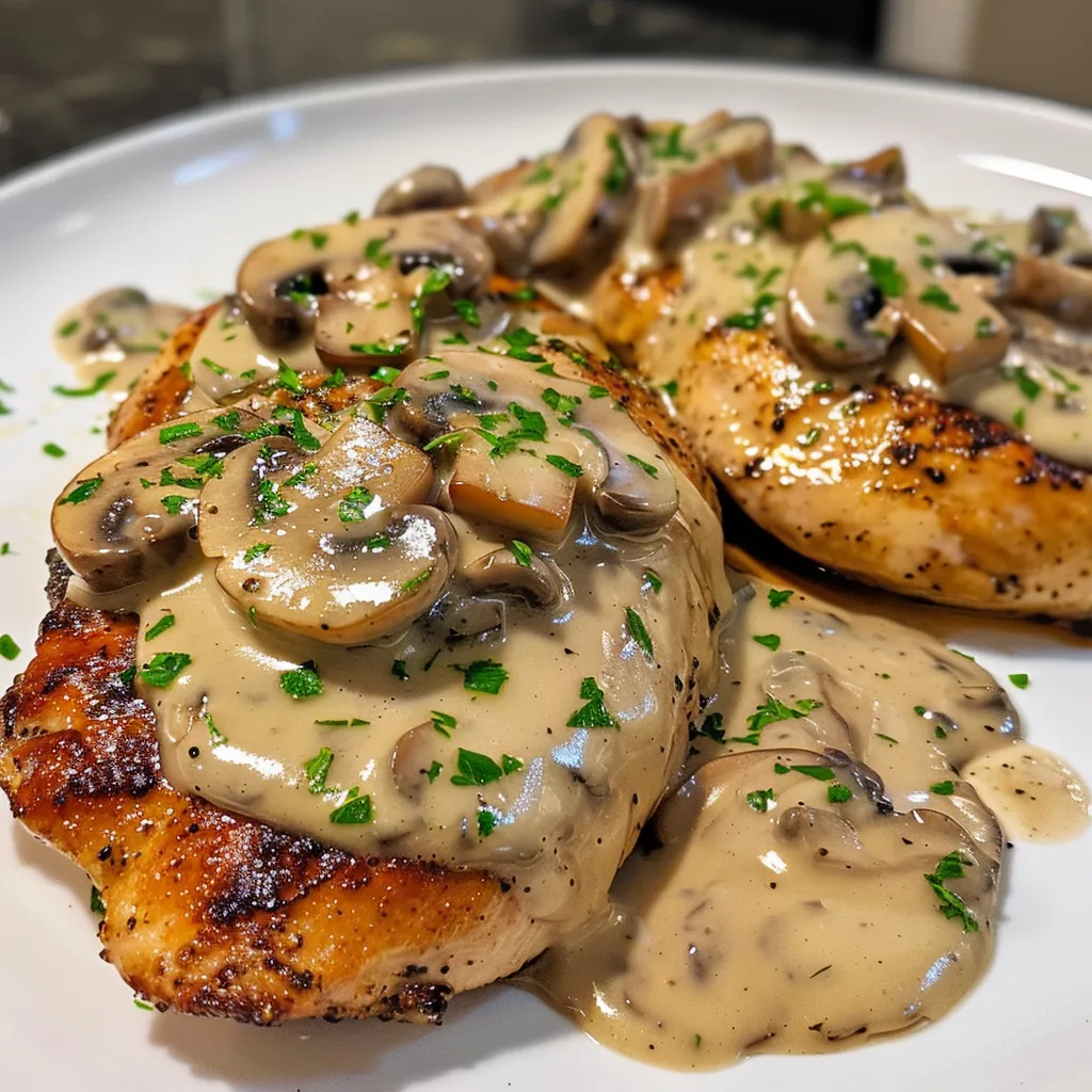 Juicy chicken breast in creamy mushroom sauce garnished with herbs.