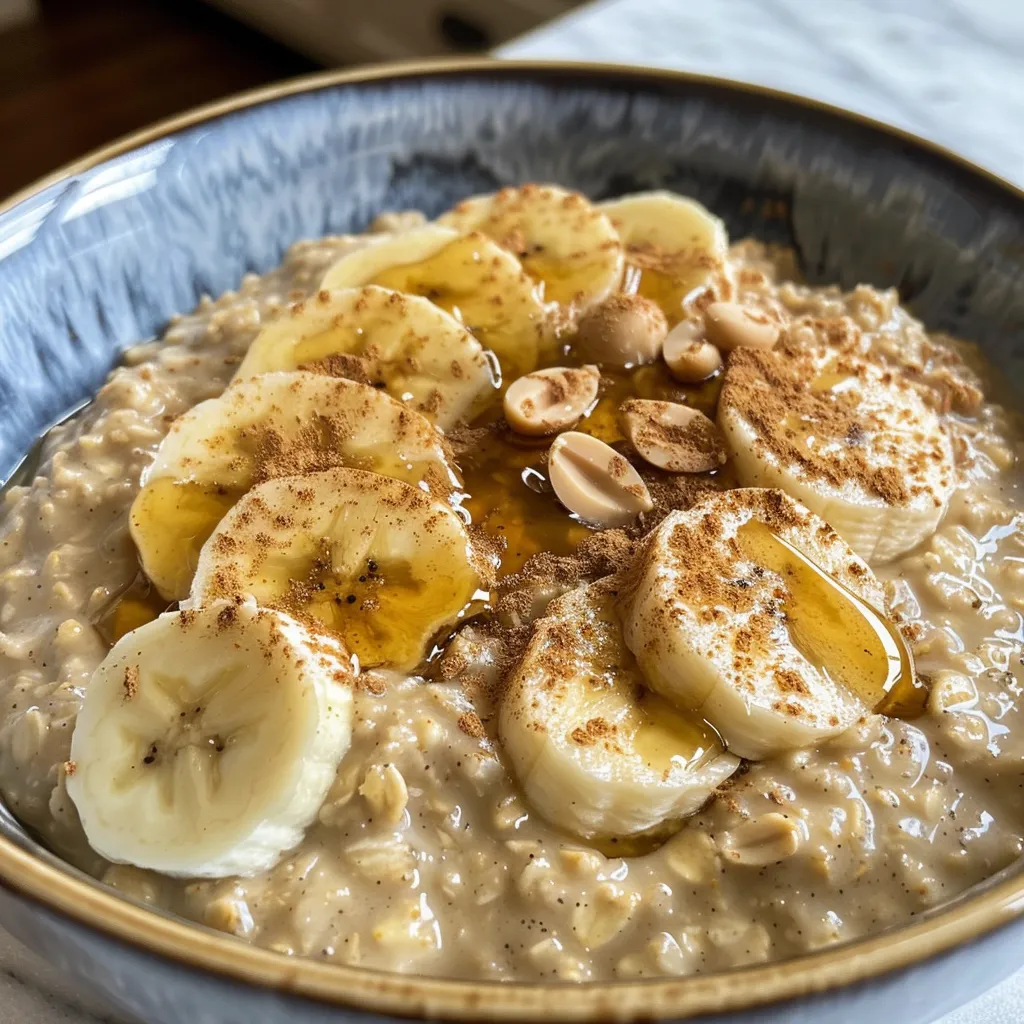 A close-up view of creamy peanut butter banana oatmeal topped with sliced bananas and chocolate chips.