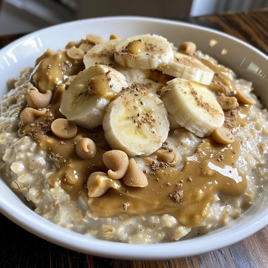 Side view of a bowl filled with peanut butter banana oatmeal, showing its creamy texture and toppings.