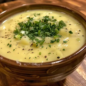 Warm, inviting creamy potato leek soup displayed in a rustic bowl, with herbs sprinkled on top.