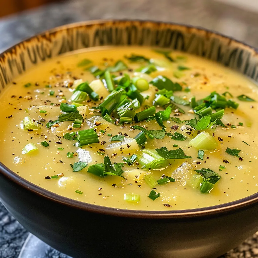 Rich and creamy potato leek soup, featuring chunks of vegetables and a velvety finish.