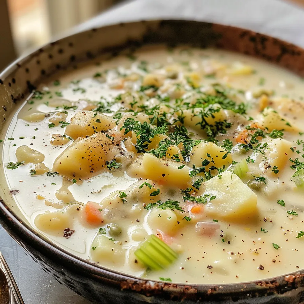 A side view of a hearty bowl of creamy potato soup garnished with herbs.