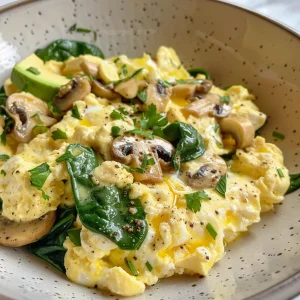 Juicy scrambled eggs with a colorful mix of sautéed spinach, mushrooms, and avocado on a rustic table.