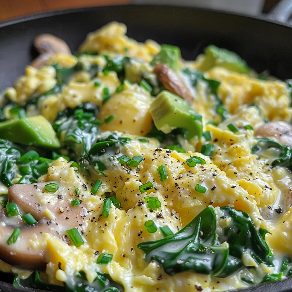 Side view of creamy scrambled eggs adorned with sautéed vegetables and avocado on a textured plate.