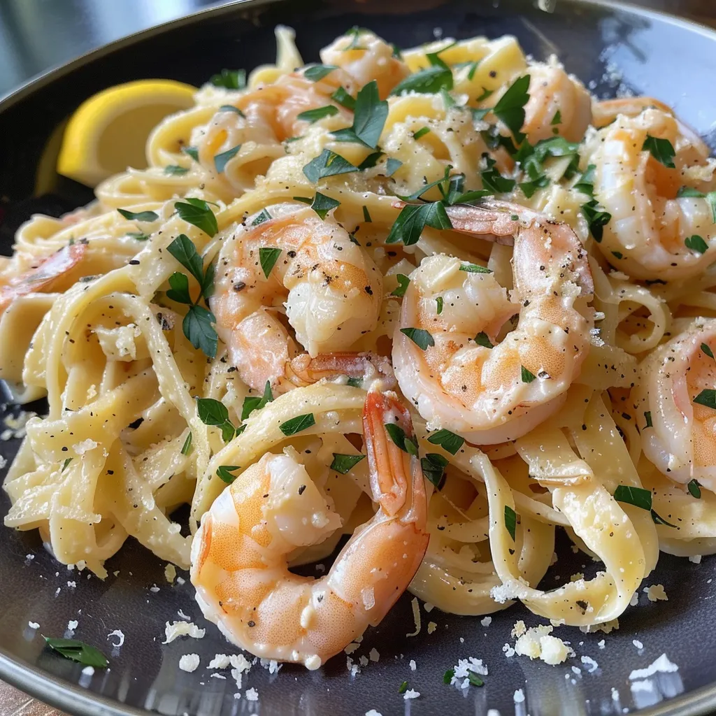 Creamy shrimp pasta with fettuccine, garnished with parsley and lemon wedges.