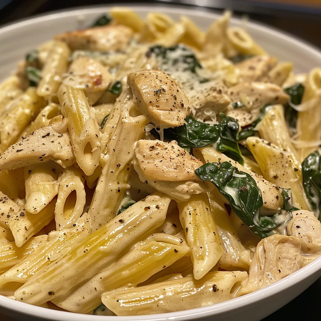 A close-up view of creamy spinach chicken pasta with vibrant green spinach and tender chicken pieces.