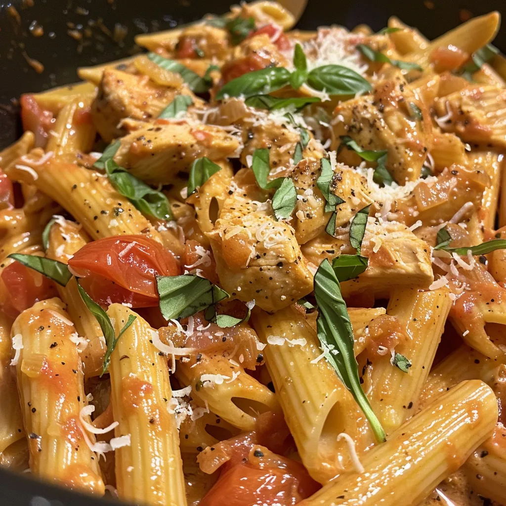 A close-up view of creamy tomato chicken pasta garnished with fresh basil on a white plate.