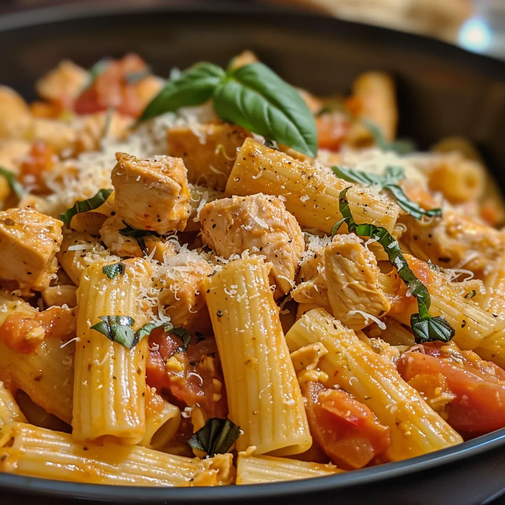 Juicy chicken pieces mixed with penne pasta and a rich tomato cream sauce, displayed side-on.