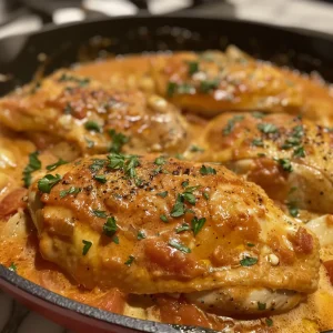 Close-up of juicy Creamy Tomato Chicken with a rich tomato sauce.