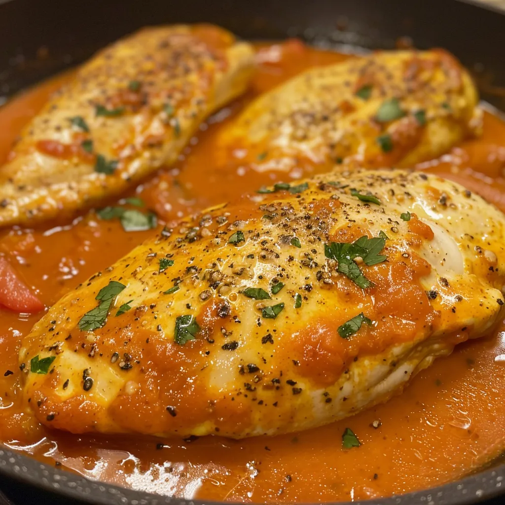 Side view of tender chicken breasts in creamy tomato sauce, garnished.