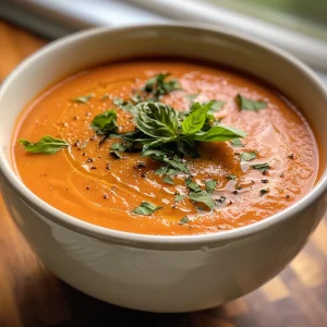 Side view of a vibrant red creamy tomato soup, showcasing its velvety consistency.