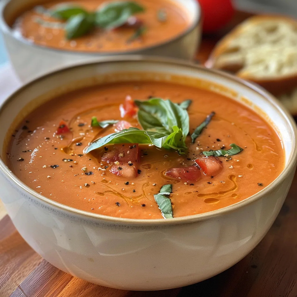 Thick and appetizing creamy tomato soup in a rustic bowl, highlighting its rich color.
