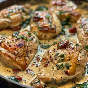 Close-up of creamy Tuscan chicken with sun-dried tomatoes and spinach.