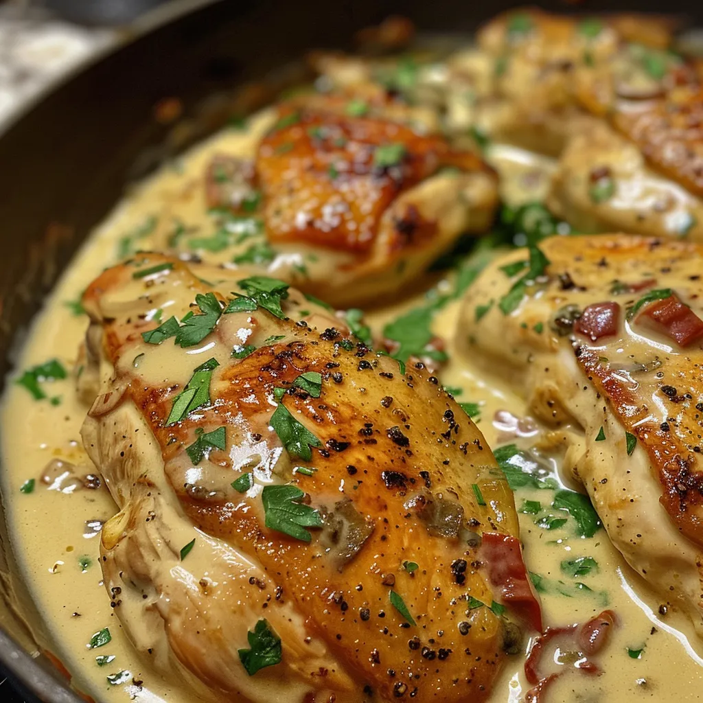 Juicy chicken breast in a creamy sauce, garnished with parsley.