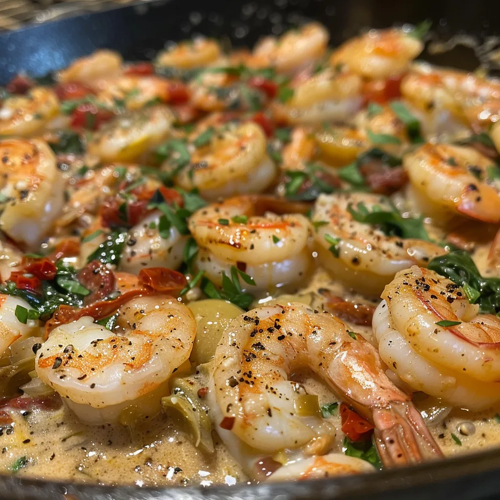 Close-up view of creamy Tuscan shrimp garnished with spinach and sun-dried tomatoes.