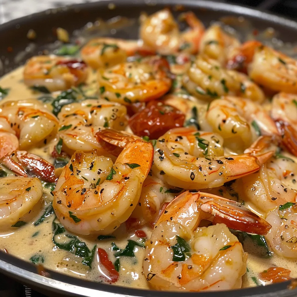 Juicy shrimp in a rich cream sauce with artichokes and spices, served in a bowl.