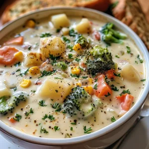 Textured creamy soup with colorful vegetables and cheese on top.