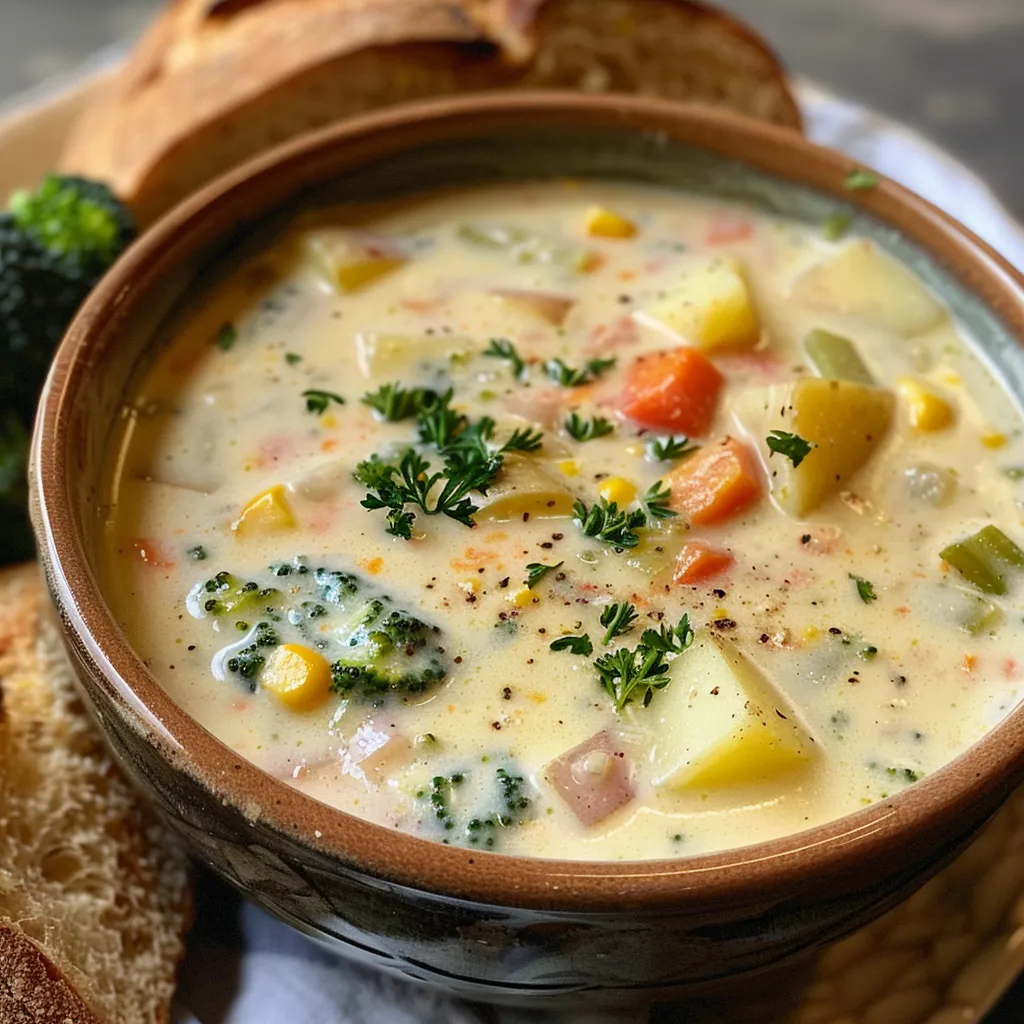 Creamy vegetable soup served in a rustic bowl, showcasing its ingredients.