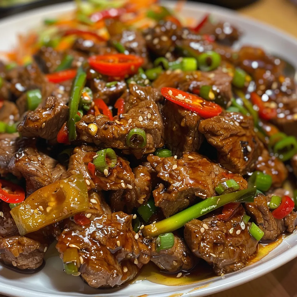 Close-up view of crispy chilli beef with vibrant colors and textures.