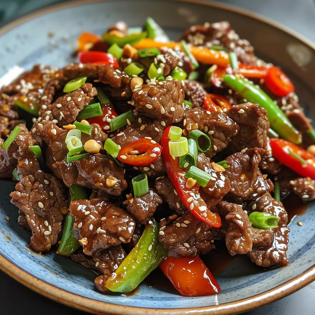 Side angle of juicy crispy chilli beef garnished with fresh herbs and peppers.