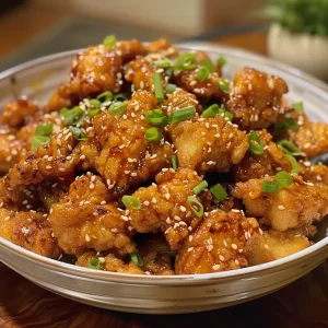 Close-up view of crispy honey garlic chicken pieces garnished with sesame seeds and green onions.
