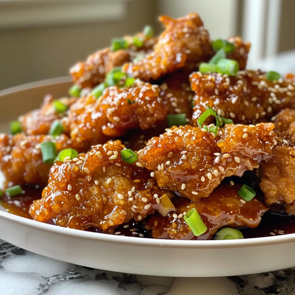 Juicy Chinese honey garlic chicken with a golden crispy coating, served on a plate.