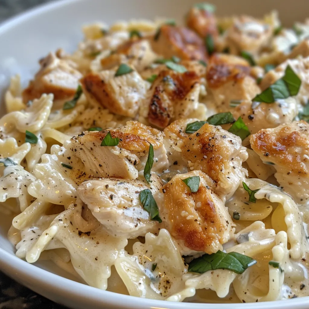 Close-up view of a creamy Dairy Free Chicken Alfredo dish with gluten-free pasta and chicken.