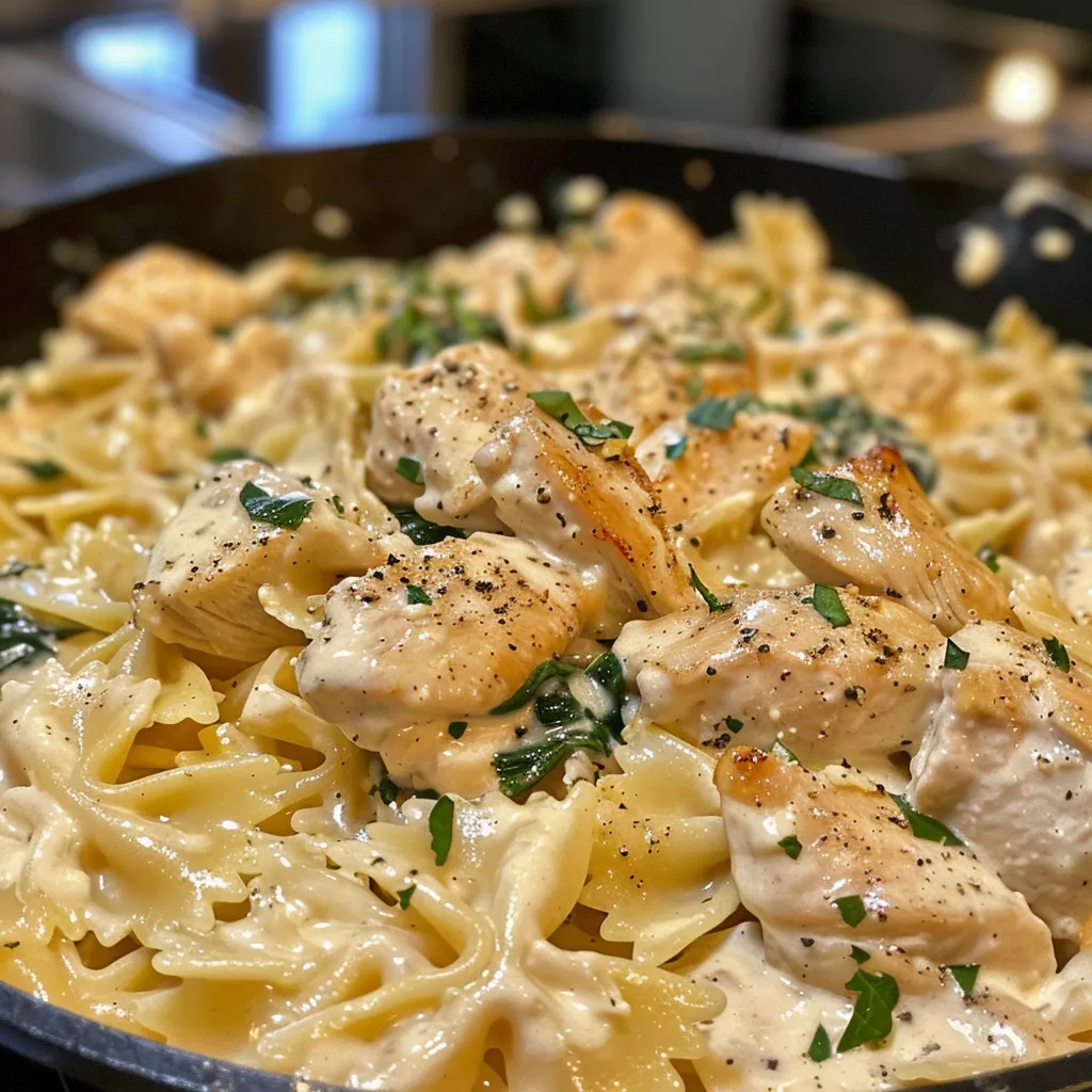 Side view of a plated Dairy Free Chicken Alfredo featuring farfalle pasta and fresh spinach.