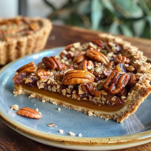 The enticing layers of a Date Caramel Pecan Crumble Tart, highlighting its glossy top and crumbly edges.