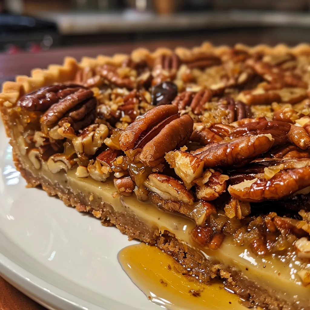 A detailed side view of a Date Caramel Pecan Crumble Tart, featuring toasted pecans and a luscious filling.