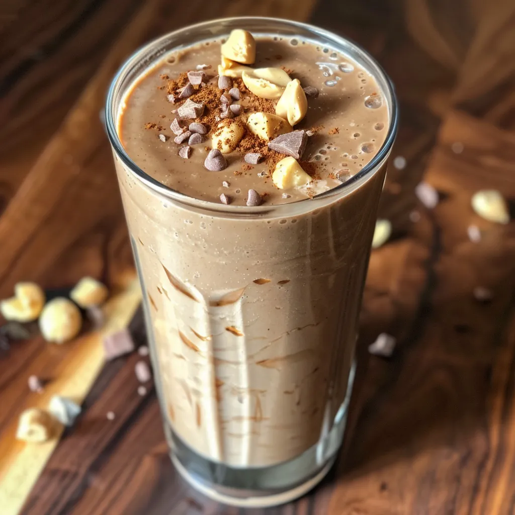 Side view of a decadent chocolate peanut butter smoothie topped with a sprinkle of cocoa.