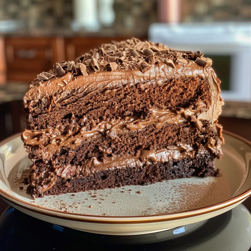 Detailed side shot of a luscious Double Chocolate Mocha Crunch Cake, emphasizing the chocolate frosting and crunch topping.