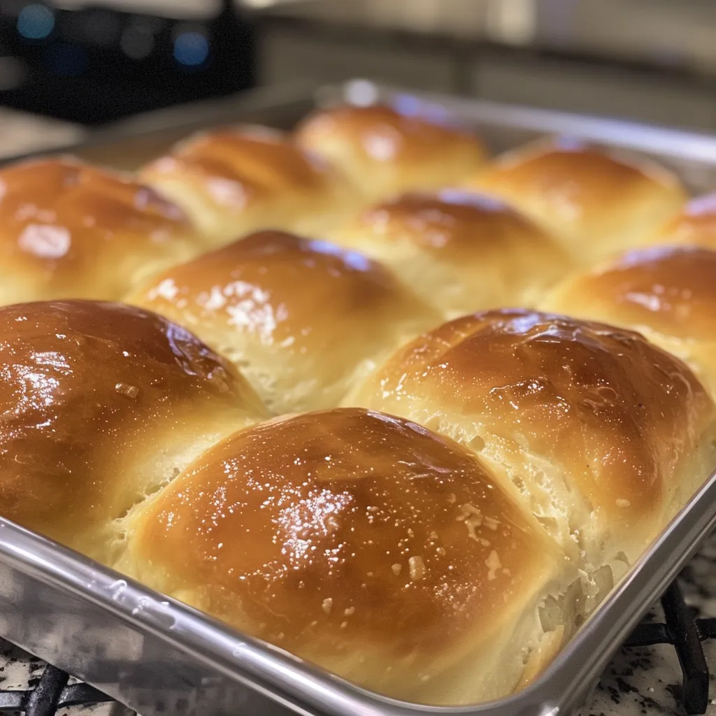 Homemade dinner rolls, perfectly round and golden, fresh out of the oven.