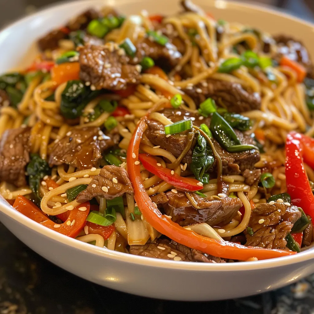 Close-up of a colorful plate of Easy Beef Lo Mein Stir Fry with beef, vegetables, and noodles.