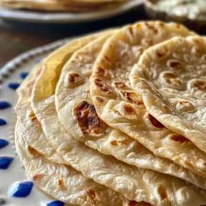 Juicy and delicious flour tortillas arranged neatly on a plate.