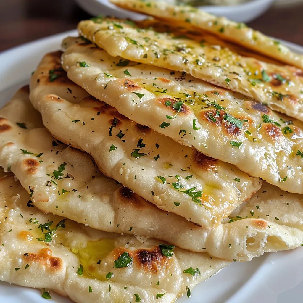 Juicy garlic flatbreads on a plate, showcasing a fluffy texture and golden crust.