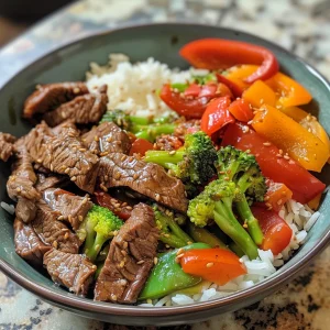 Close-up view of a juicy teriyaki beef bowl with colorful vegetables and rice.