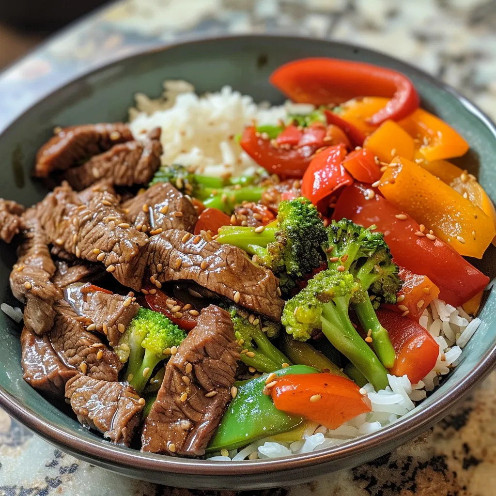 Close-up view of a juicy teriyaki beef bowl with colorful vegetables and rice.