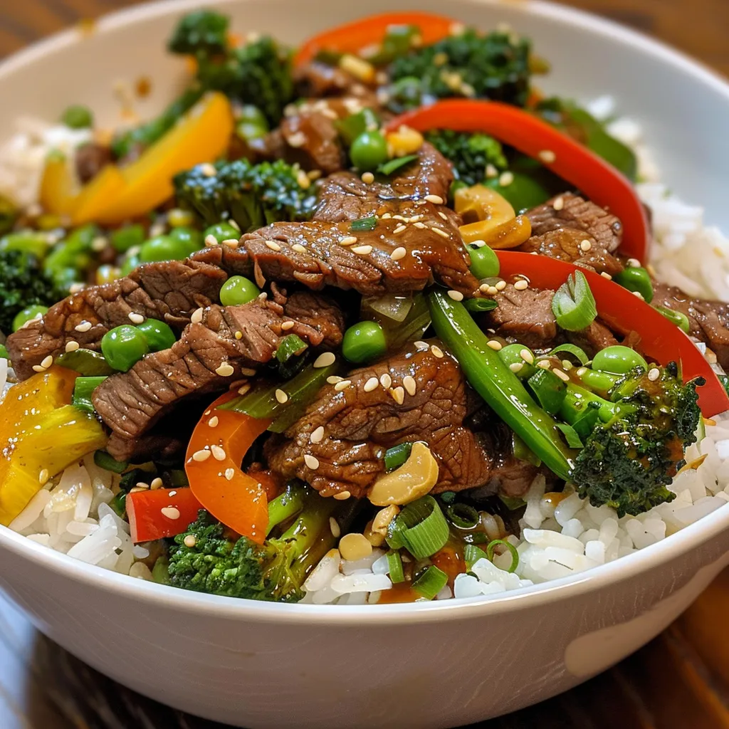 Side view of a delicious Easy Teriyaki Beef Bowl featuring sliced beef, rice, and fresh veggies.
