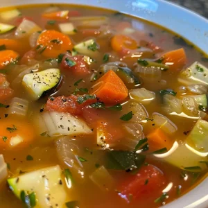Detailed shot of a hearty vegetable soup filled with vibrant diced vegetables.