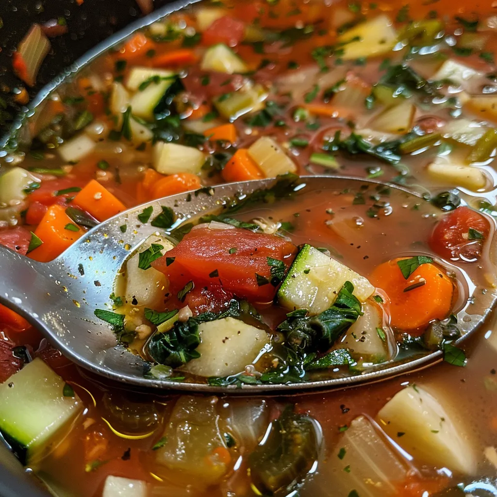 Appetizing close-up of Easy Vegetable Soup garnished with fresh greens.