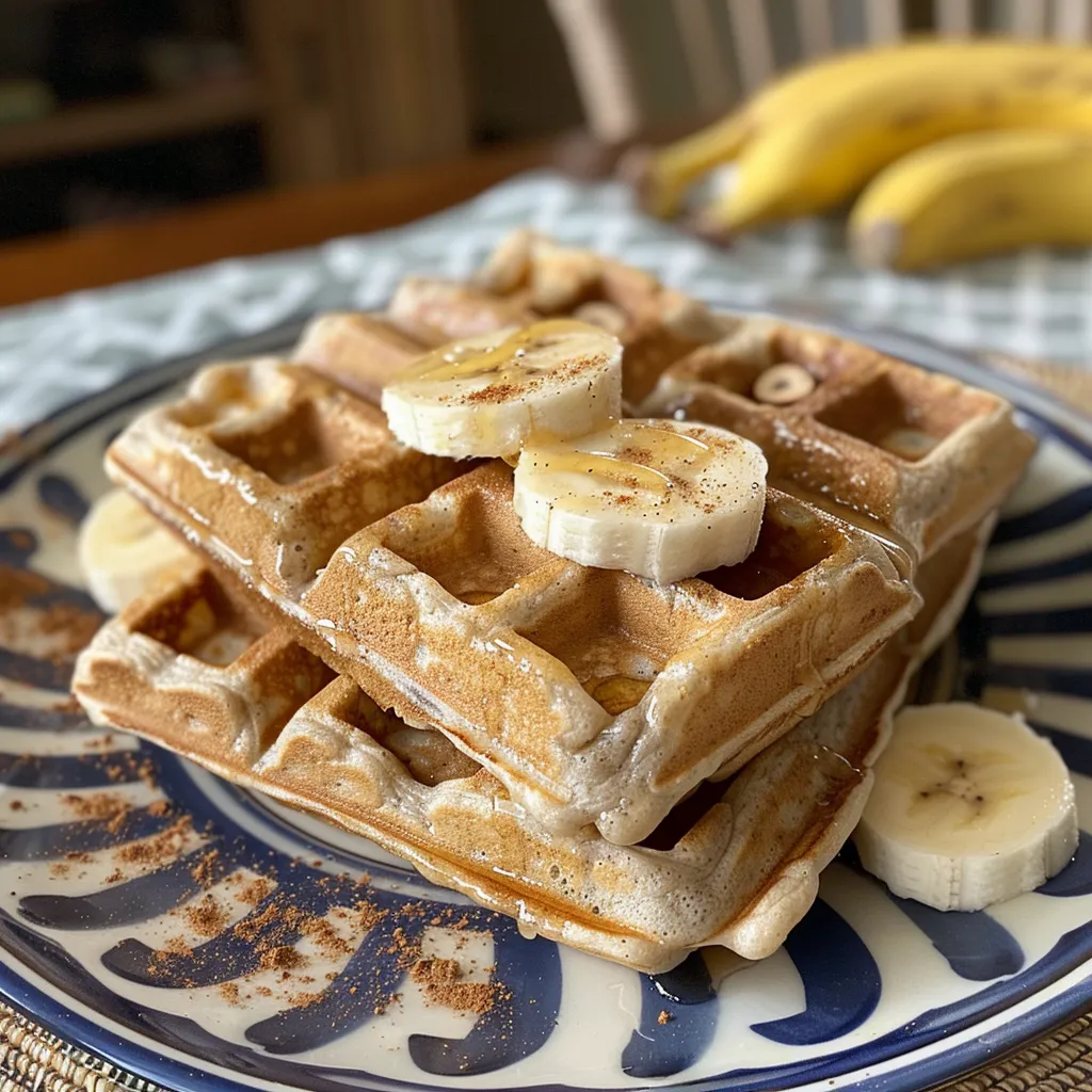 Side view of warm flourless banana oat waffles with a sprinkle of cinnamon and a dollop of yogurt.