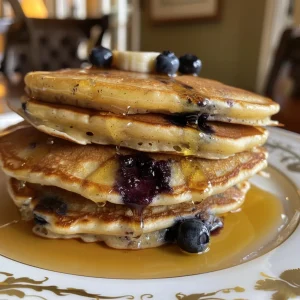 A side view of golden pancakes featuring fresh blueberries and banana.