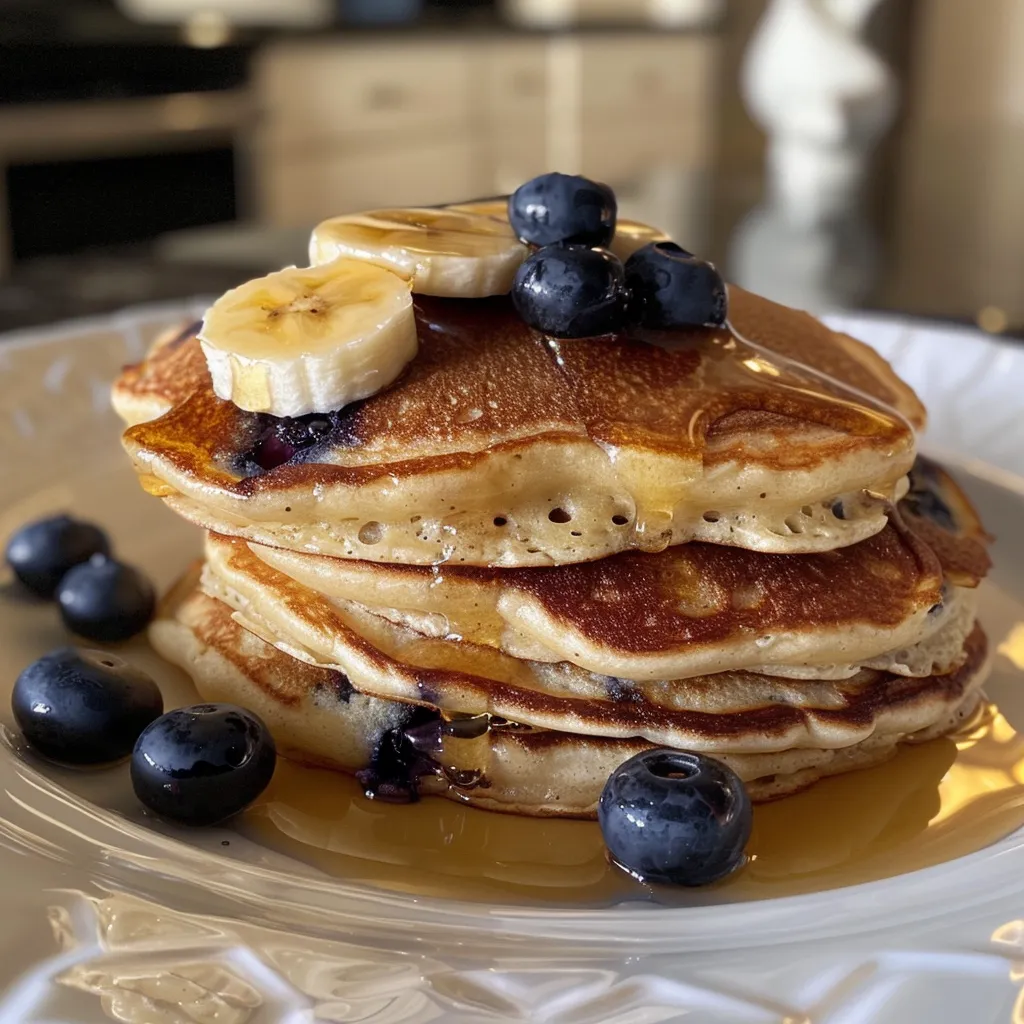 Delicious blueberry banana pancakes arranged on a plate, ready to serve.