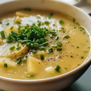 Delicious French Potato Leek Soup with diced potatoes visible, topped with fresh chives.