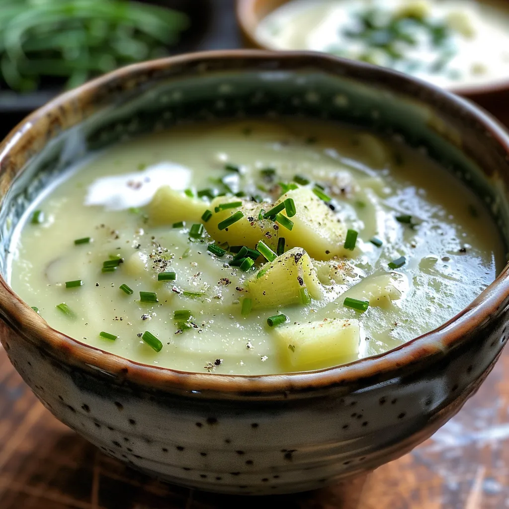 Rich and creamy French Potato Leek Soup captured in a bowl, highlighting the vibrant colors of the leeks.