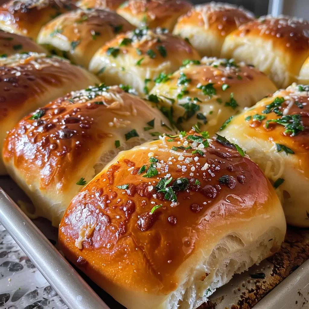 An iPhone 15 Pro photo highlighting a stack of warm, buttery garlic bread rolls with a sprinkle of parsley.