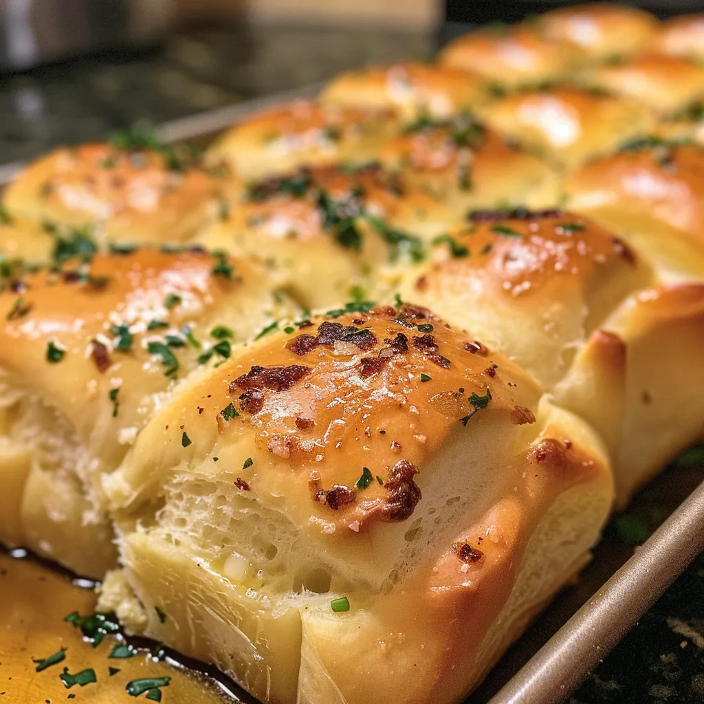 A side perspective of soft garlic bread rolls, featuring a mouthwatering garlic and herb topping.